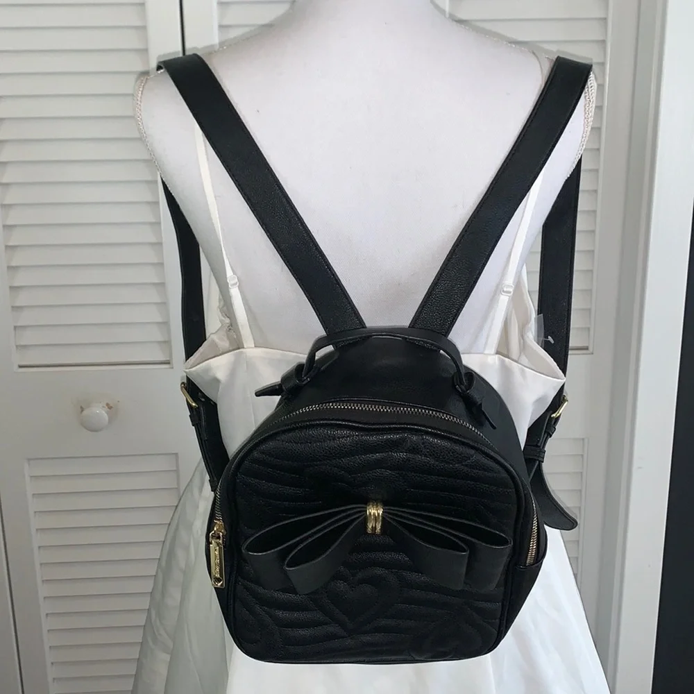 Betsey Johnson Black Hearts and Bow Mini Backpack with Gold Hardware 8.5 x 9”
